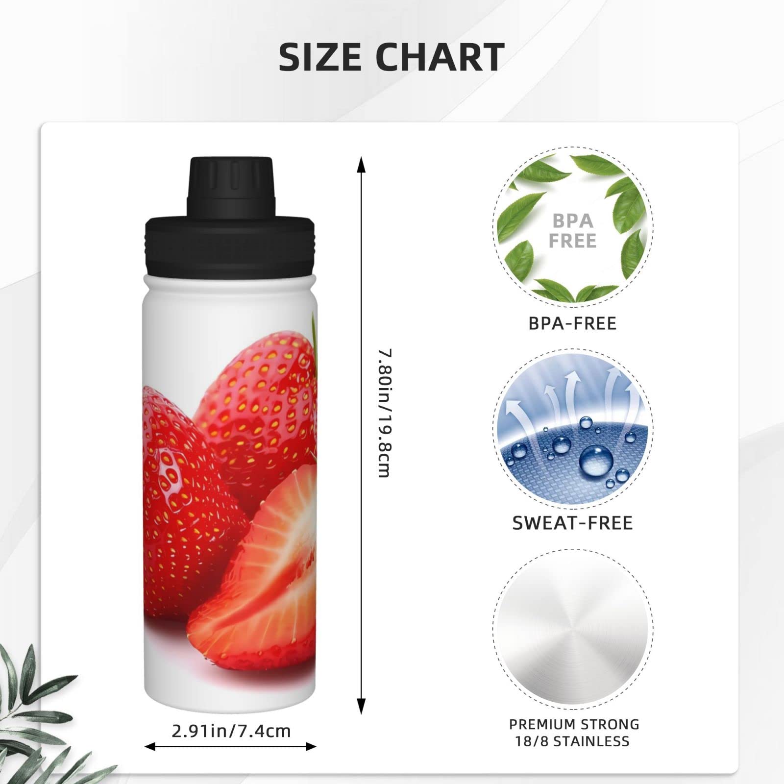 Fresh Strawberry Sport-Wasserflasche, 530 ml, isolierte Edelstahl, auslaufsichere Wasserflasche für Reisen, Fitnessstudio, Büro