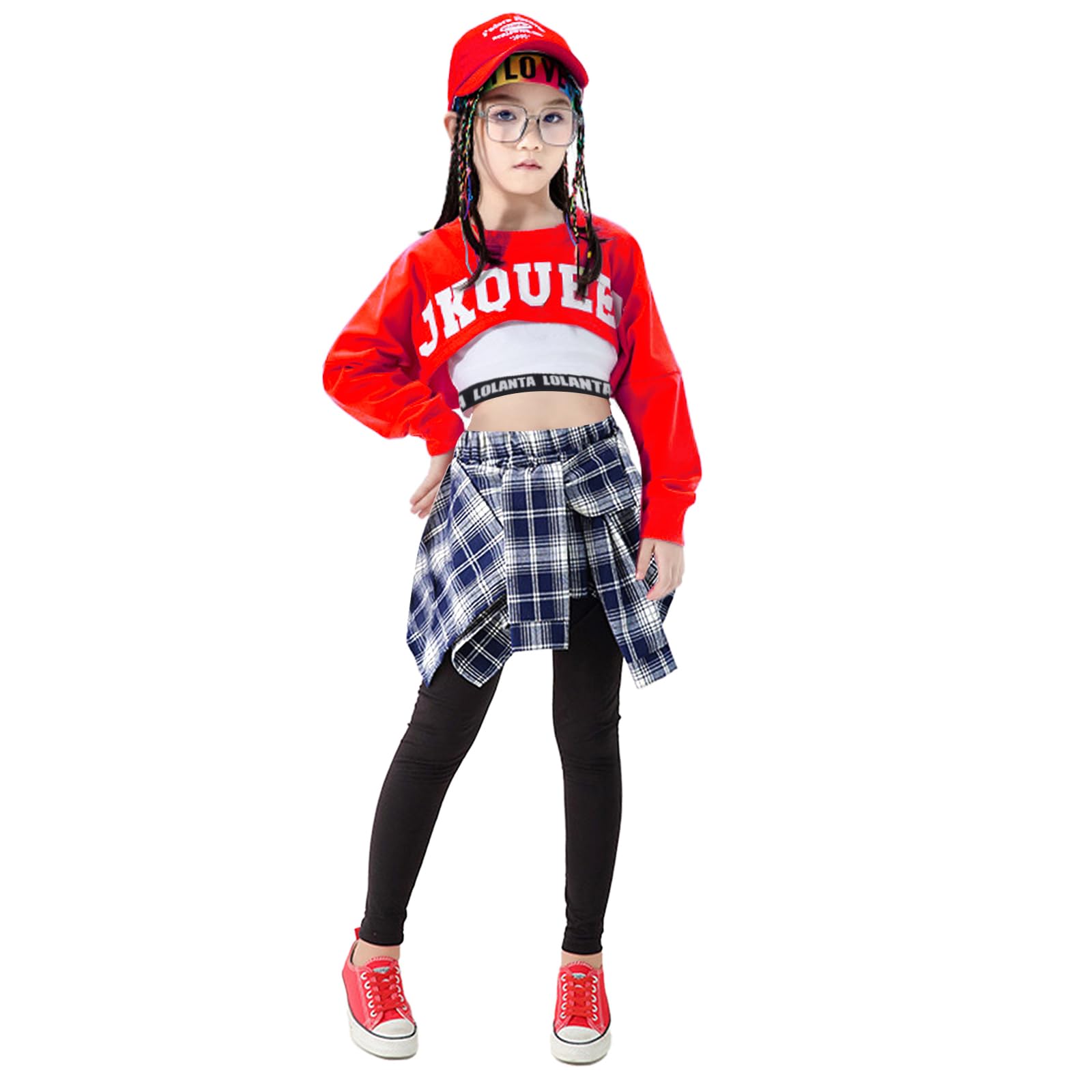 LOLANTA Costume da danza hip hop da bambina, 3 pezzi, con stampa a lettere e top corto a maniche lunghe + culottes pantaloni + gilet