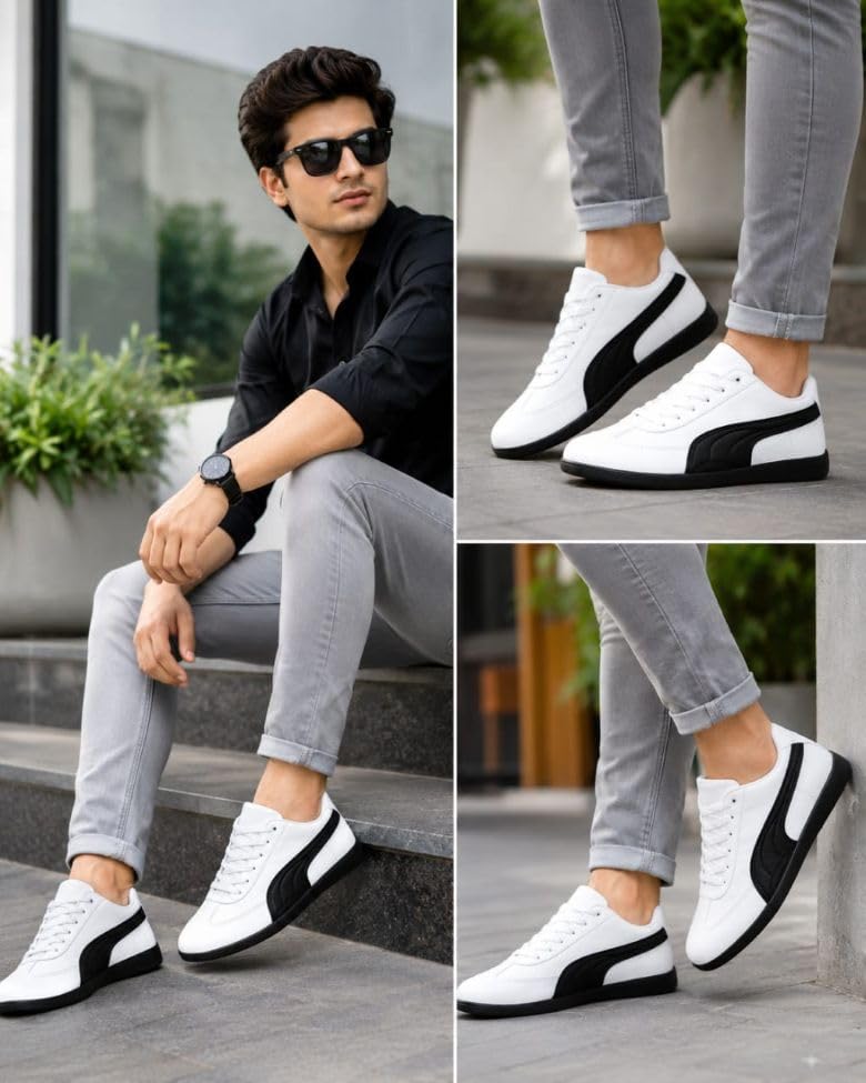 Image of Men's White and Black Lace-Up Sneakers for Sports