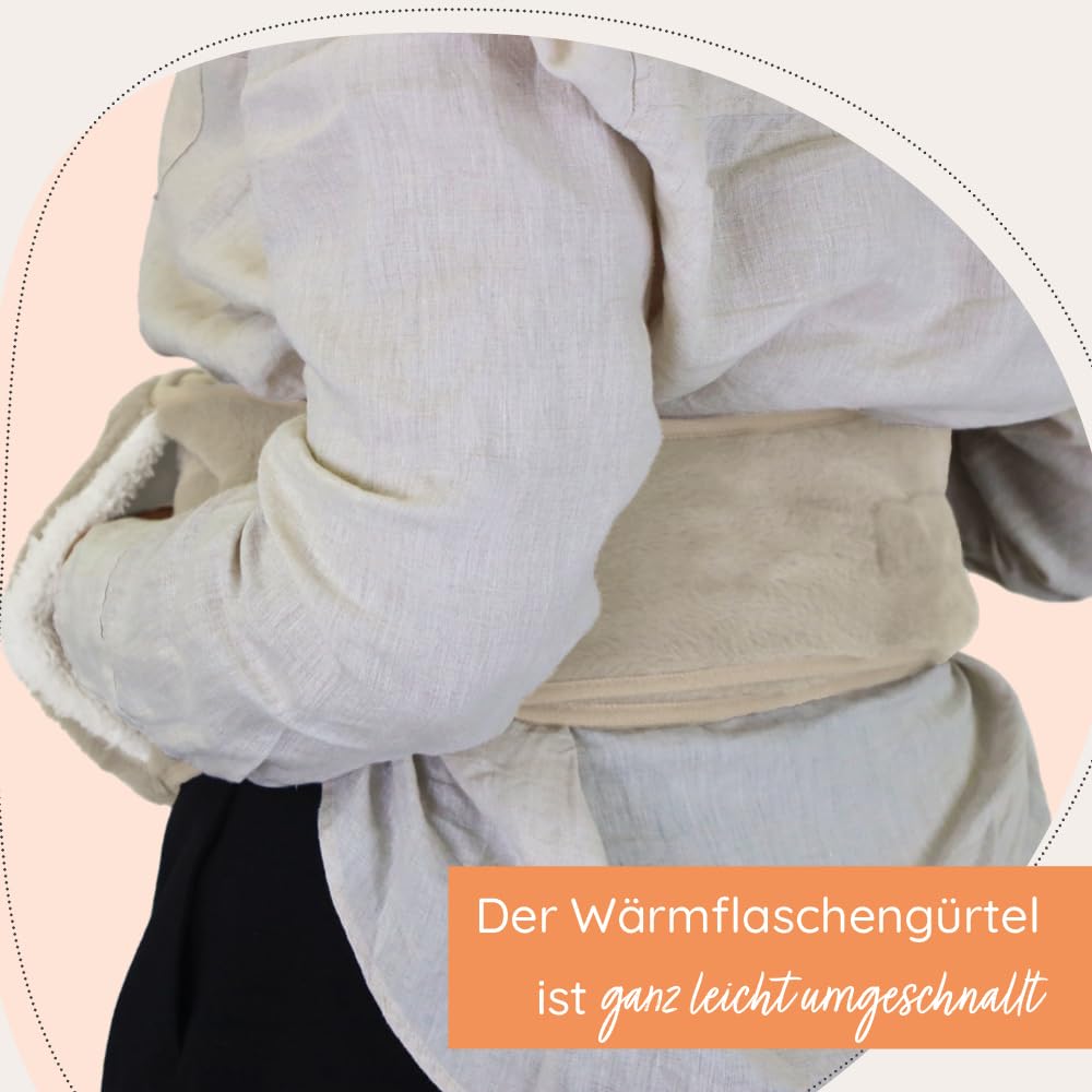 MYLILY Wärmflaschengürtel für Bauch & Periode, 1 l, Naturkautschuk, Beige | 3-in-1, 130 cm Klettgürtel, Naturkautschuk BPA-frei, bei Regelschmerzen, Hände frei, vordere Tasche, Plüschbezug, waschbar