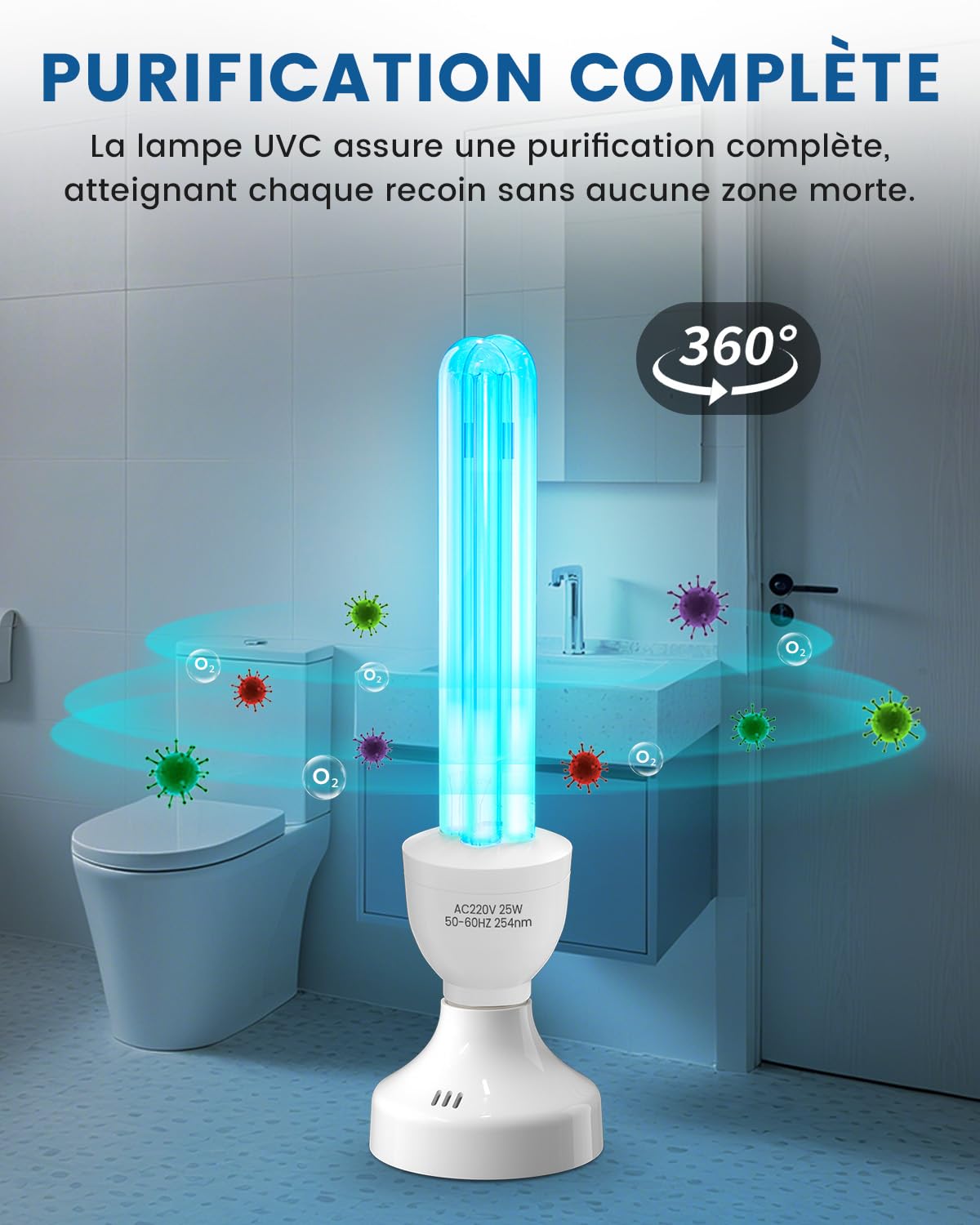 Lampe UV Germicide UVC 25W Ozone Télécommande Minuterie E27 Ampoule UV Stérilisateur Tube Quartz 254nm