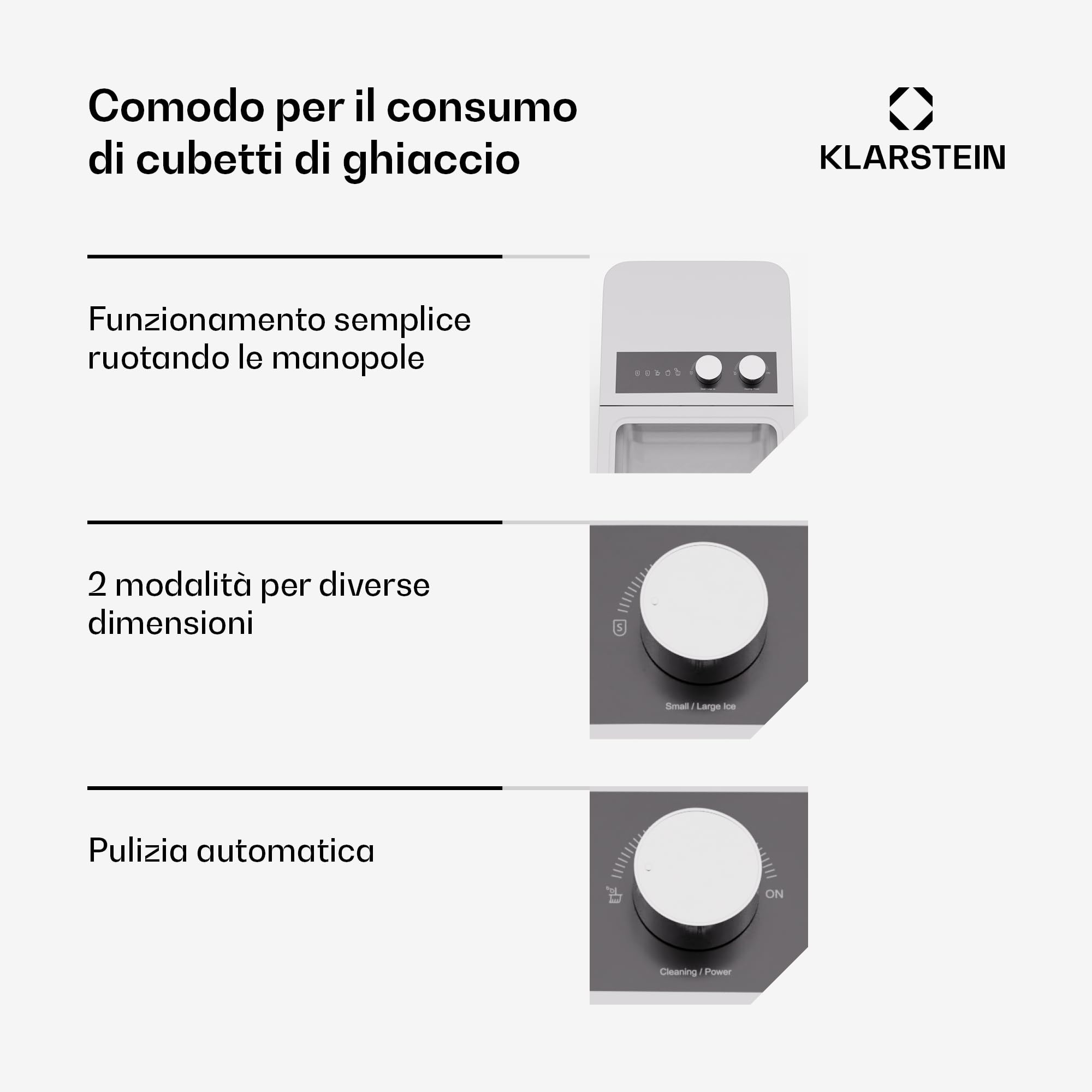 Klarstein IceCraft - Macchina del Ghiaccio, 12kg/24h, Cubetti in 6 Minuti, 2 Dimensioni, Facile da Usare, Design Moderno, Pulizia Automatica, Macchina del Ghiaccio per Casa e Bar, 150W, Bianco