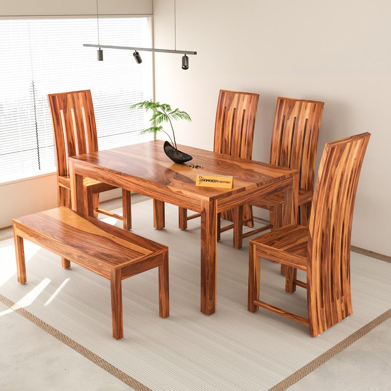 Image of Solid Sheesham Wood Dining Room Sets 6 Seater Dining Table with 4 Chairs & 1 Bench for Dining Room, Living Room, Restaurant, Cafeteria (Zinor, Honey)