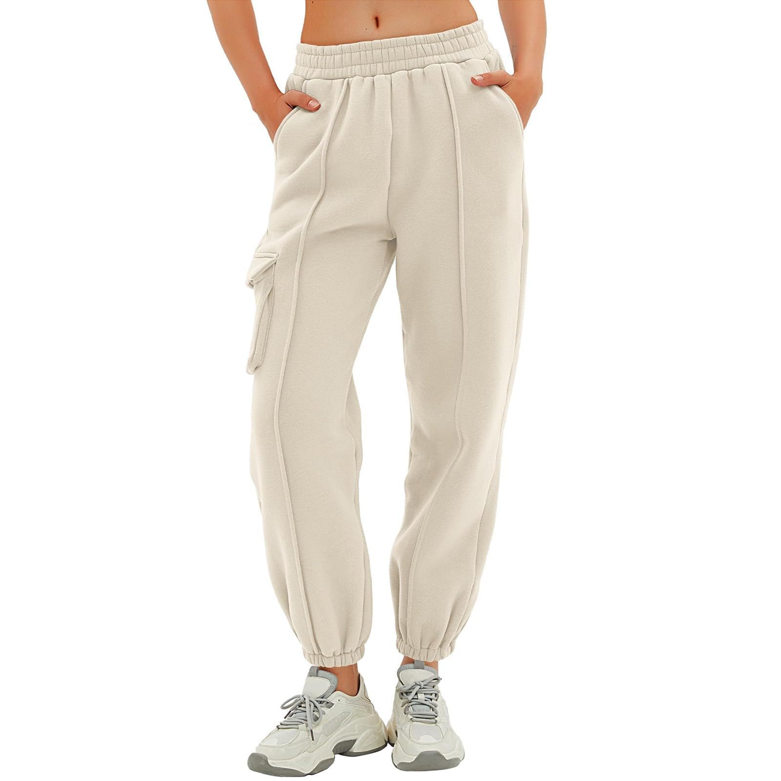 Women's Cinch Bottom Sweatpants Casual High Waisted Athletic Joggers Winter Fall Fashion 2023 Trousers Pockets Beige
