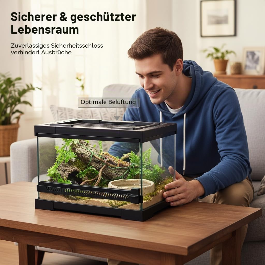 Glas Terrarium Reptilien Fütterungsbox Transparent Transport Box für Schnecken Spinnen Gecko Hamster Schlangen Schildkröten, 30 x 20 x 17 cm