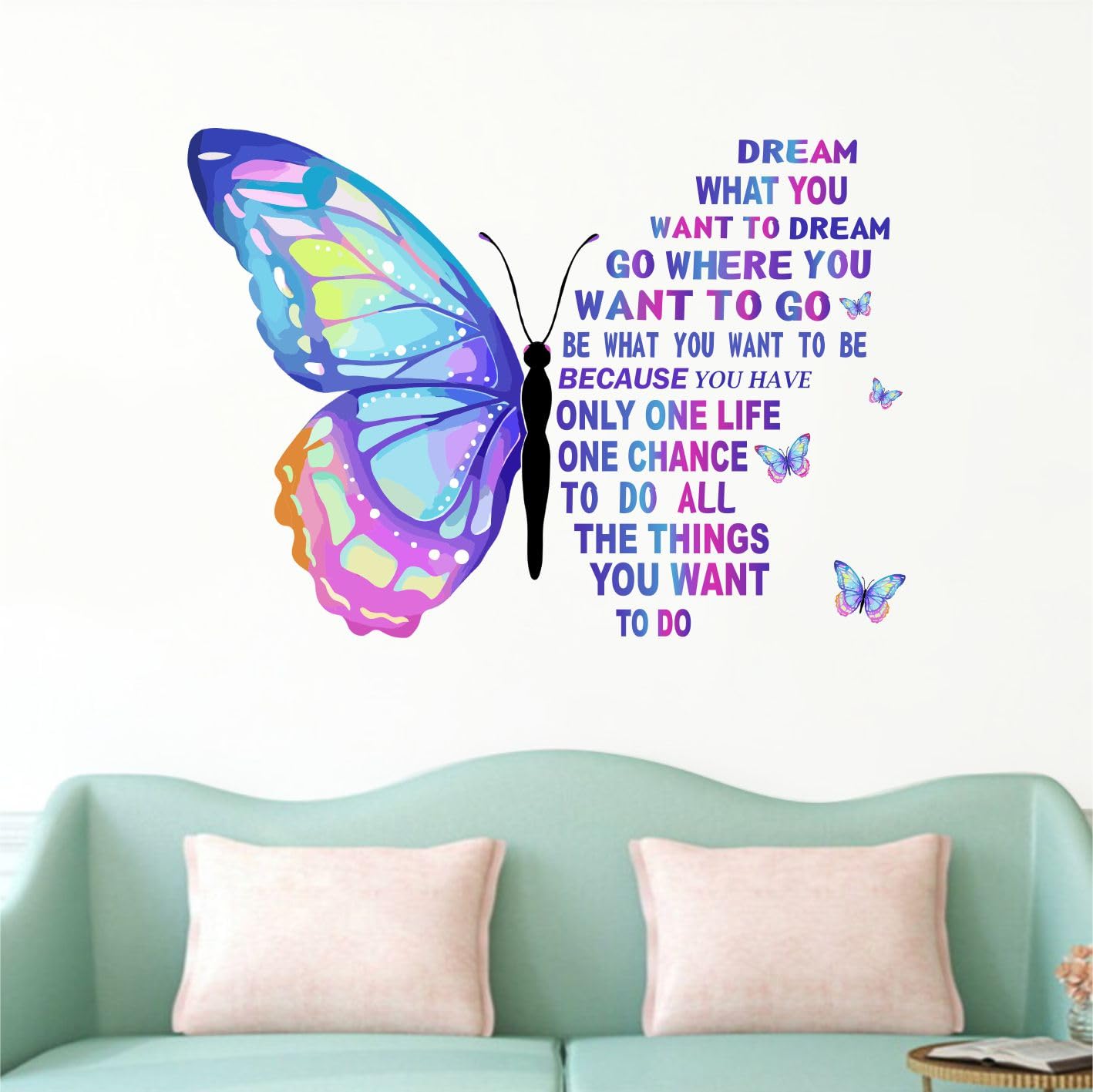 Decal O Decal Vinyl ' Blue Self Adhesive Butterfly With Motivational Quotes ' Wall Stickers (Pack Of 2, Blue Butterfly With Positive Quotes), 90 cms