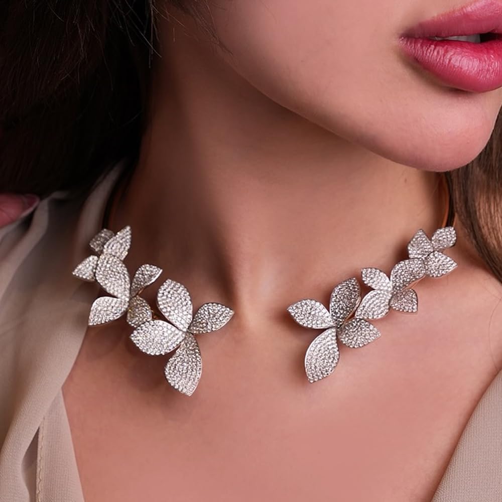 Silver Rhinestone Chunky Necklace For Women Open Collar Crystal Flower Choker Necklace Formal Jewelry (Silver) - Image 3
