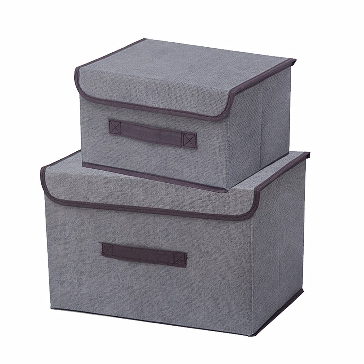 2 Pack Foldable Storage Boxes with Lids, Collapsible Storage Bin with Handle, Fabric Storage Basket Organiser Box for Wardrobe, Closet, Shelf, Office Small and Large (Grey, 1*small+1*large)
