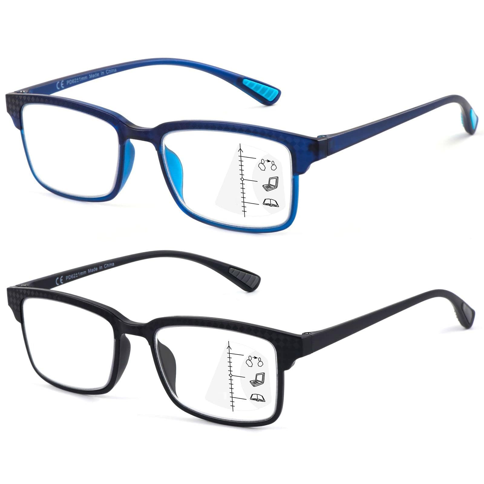 CARA 2 Pack Progressive Multifocus Reading Glasses, Flexible Lightweight TR90 Frame Blue Light Blocking Computer Readers, Workspace for Near Range (C1, 2.25)