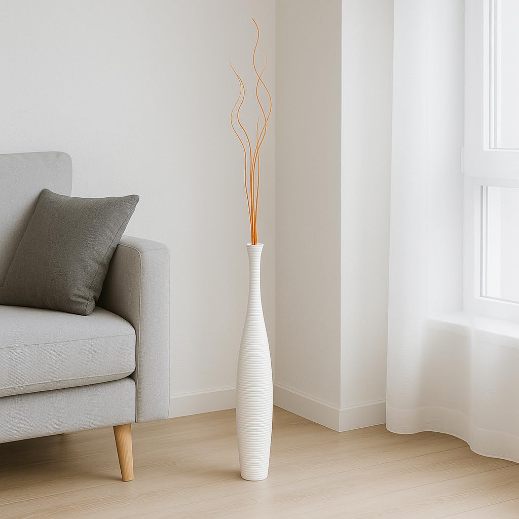 Leewadee Jarrón Grande De Suelo - Jarrón Alto De Madera De Mango para Ramas Decorativas, 65 cm, Blanco