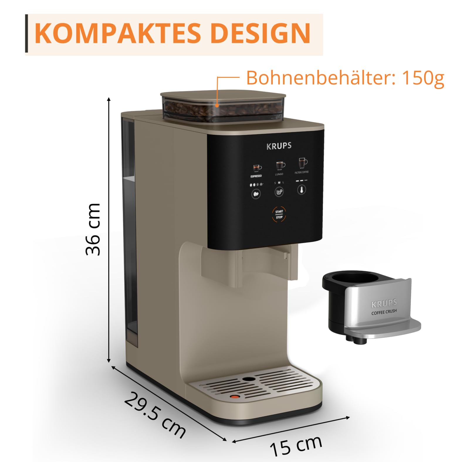 Krups Coffee Crush Extra Kaffeevollautomat, Edelstahlmühle, 15 cm breit, smartes Bedienfeld, Beige