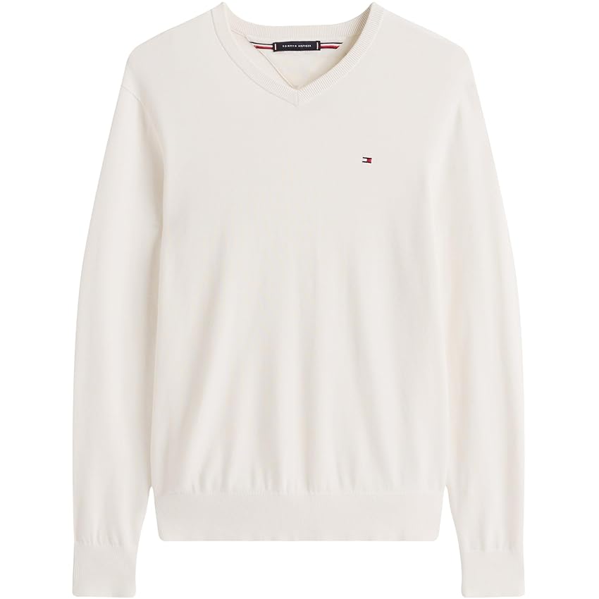 Tommy Hilfiger Uomo Pullover Essential Cotton Scollo a V, Avorio (Ivory Petal), S