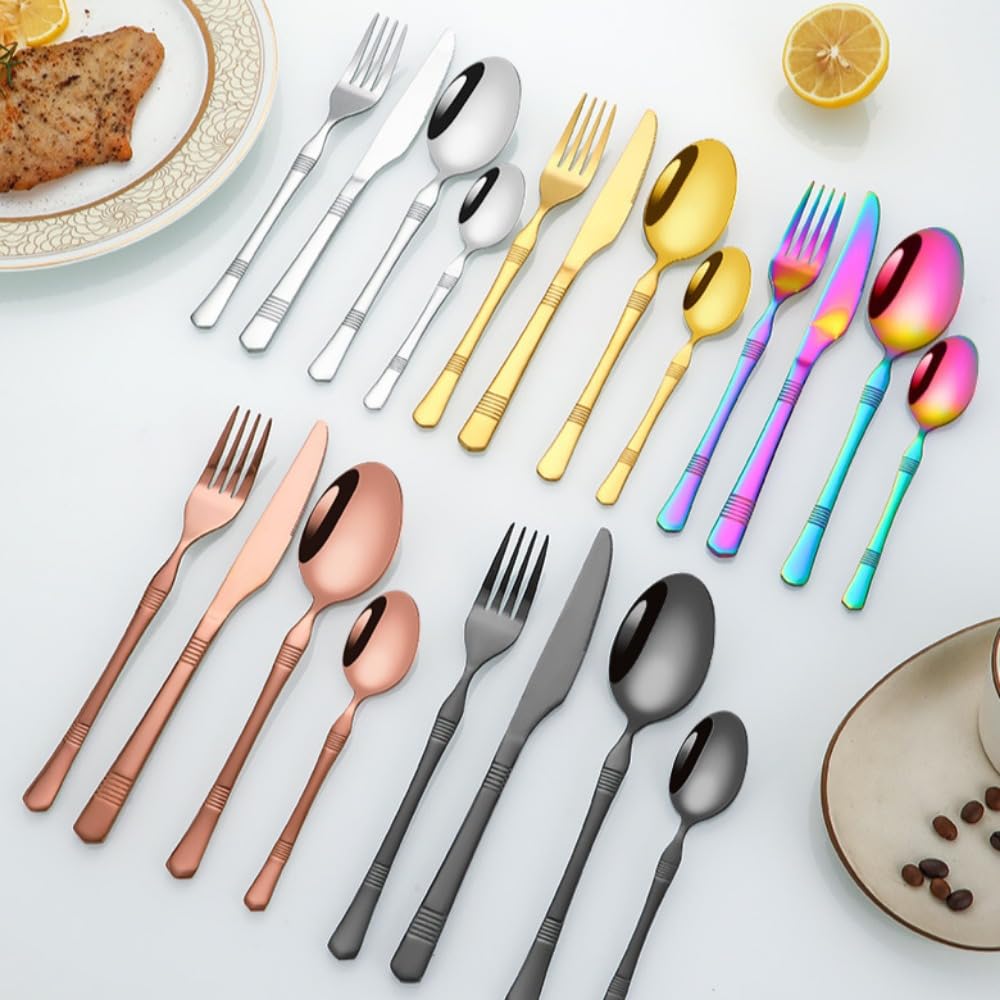 Besteckset aus Edelstahl, 20-teilig, bunt, mit horizontal gestreiftem Griff, Besteckset mit Steakmesser, Gabel, Löffel und Teelöffel für Küche und Esszimmer (schwarz)