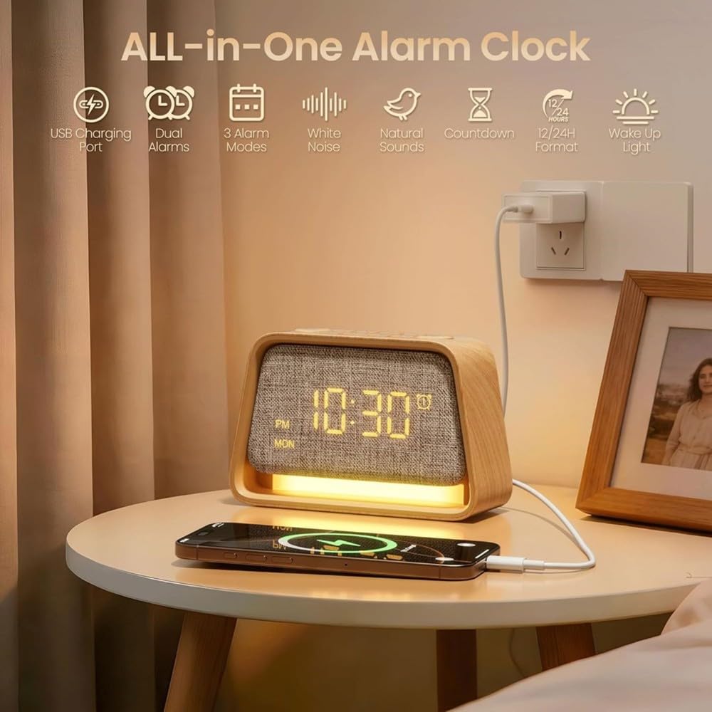 mit Licht Nachttischlampe mit 10 Weißen Geräuschen & 10 Natürlichen Geräuschen 3 Helligkeitsstufen Nachtlicht für Schlafzimmer & Kinderzimmer für Schlafzimmer Doppelalarm Geschenk für M
