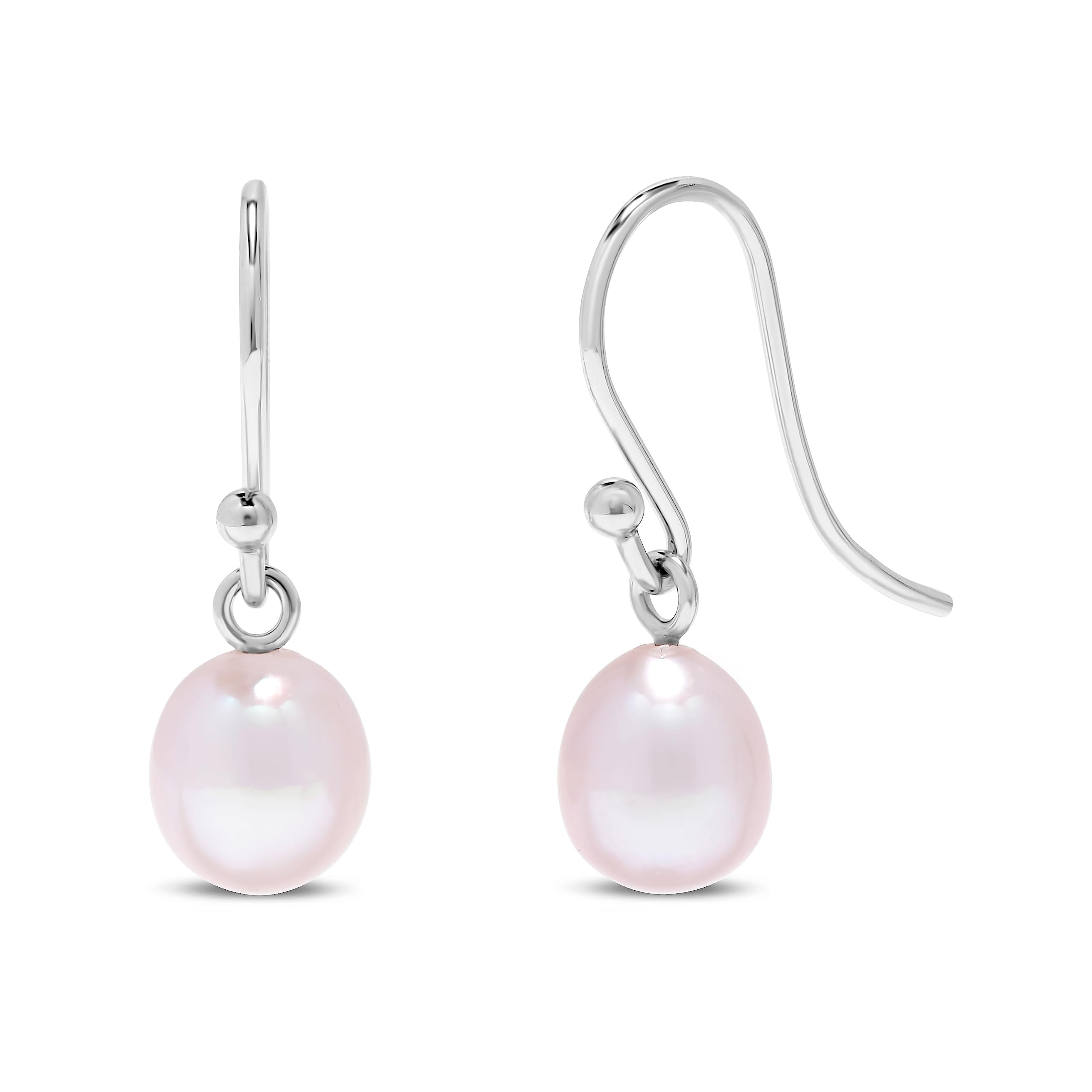.925 Sterling Silver AAA 7-7.5mm Natural Pink Teardrop Shaped Freshwater Cultured Pearl French Wire Dangling Drop Earrings