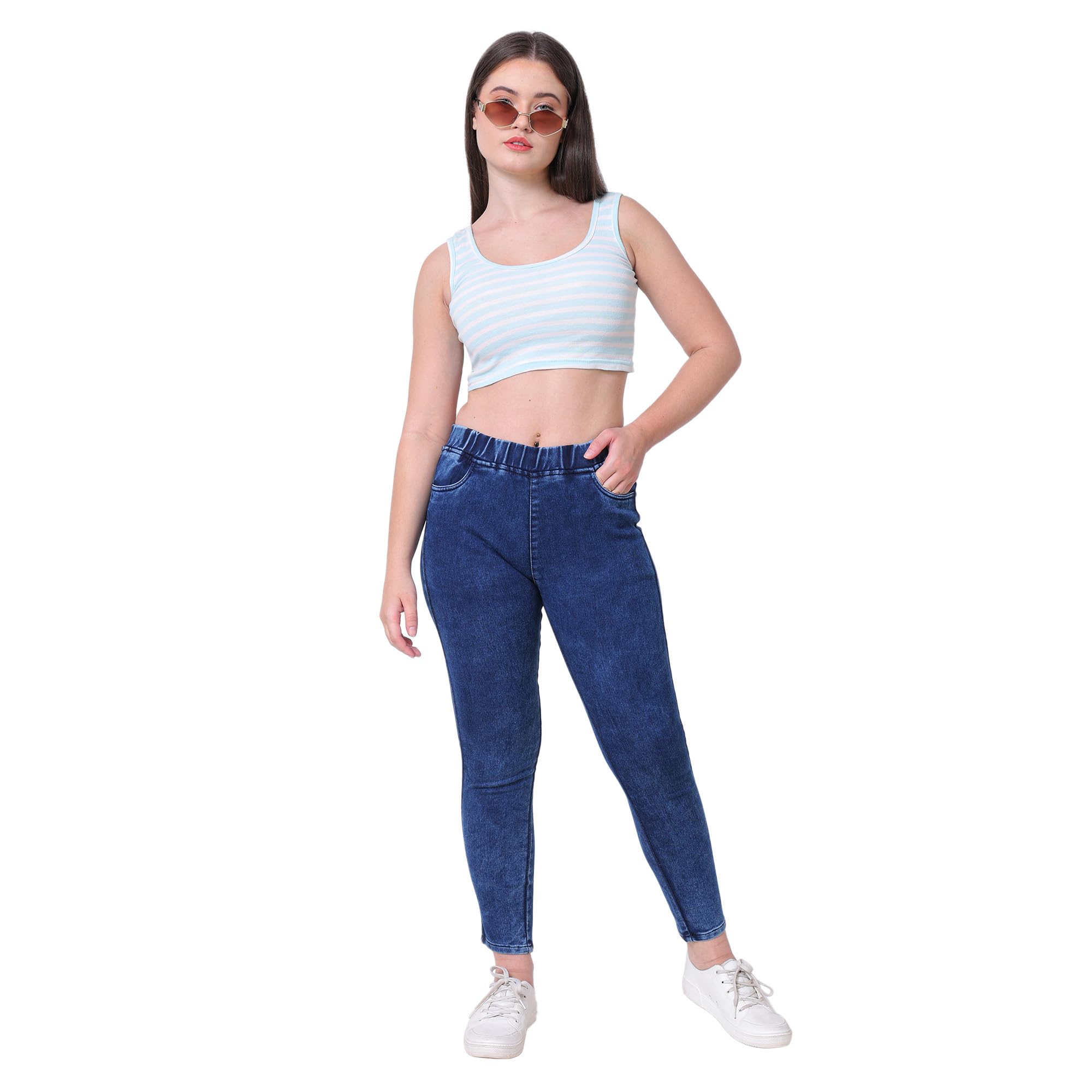 4 Flies Women's High Rise Jeggings with Elastic Waist|Stretchable Slim Fit Denim Look Pants for Women & Girls|Stylish Ankle Length Bottoms, Travel & College Outfit-CLBLK-2XL-36-image-5