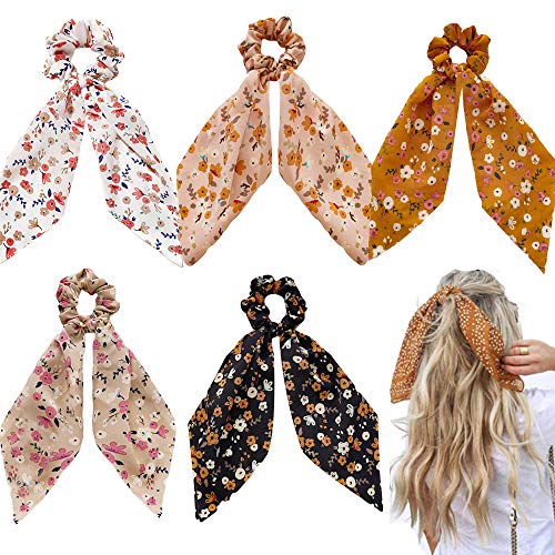 5 Pcs Floral hair ribbons Bowknot Floral Hair Scarf Scrunchies Chiffon Scarf Scrunchies Bow Ties Headbands Elastic Ropes Long Hair Accessories With Bows