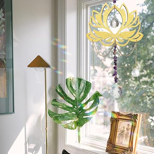 Miniatura 6 de Prisma de cristal con bola de cristal transparente de loto dorado, amatista natural, atrapador de sol, fabricante de arco iris, cristales colgantes,