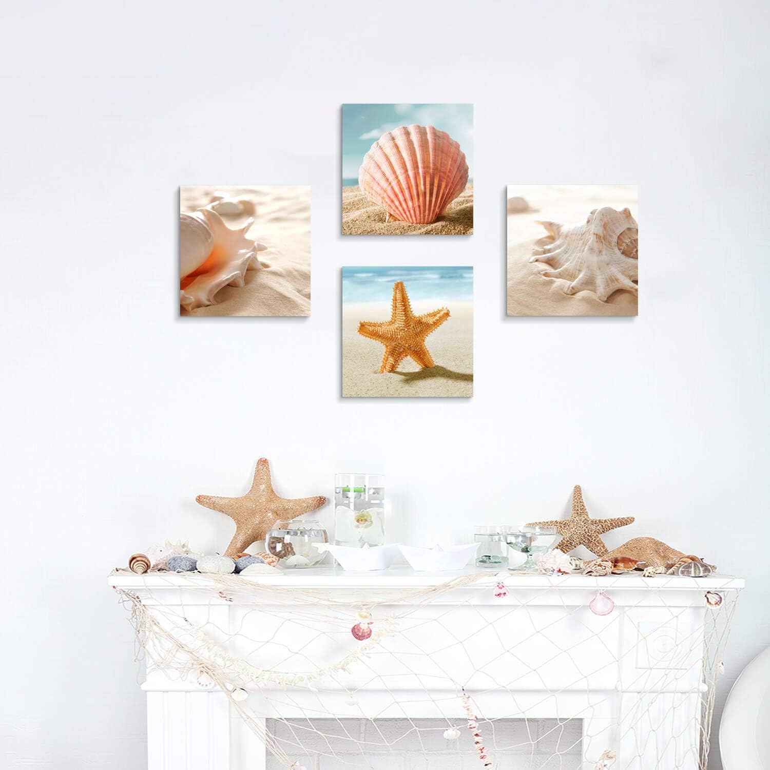 Hardy Gallery Seashell Canvas Wall Art Coastal Beach Decor 12x12 4 Panels