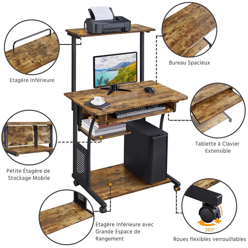 Yaheetech Bureau Informatique avec 3 Tablettes de Rangement Design Table Ordinateur roulettes avec Freins Bureau Ordinateur 80 x 50 x 132 cm Brun Rustique