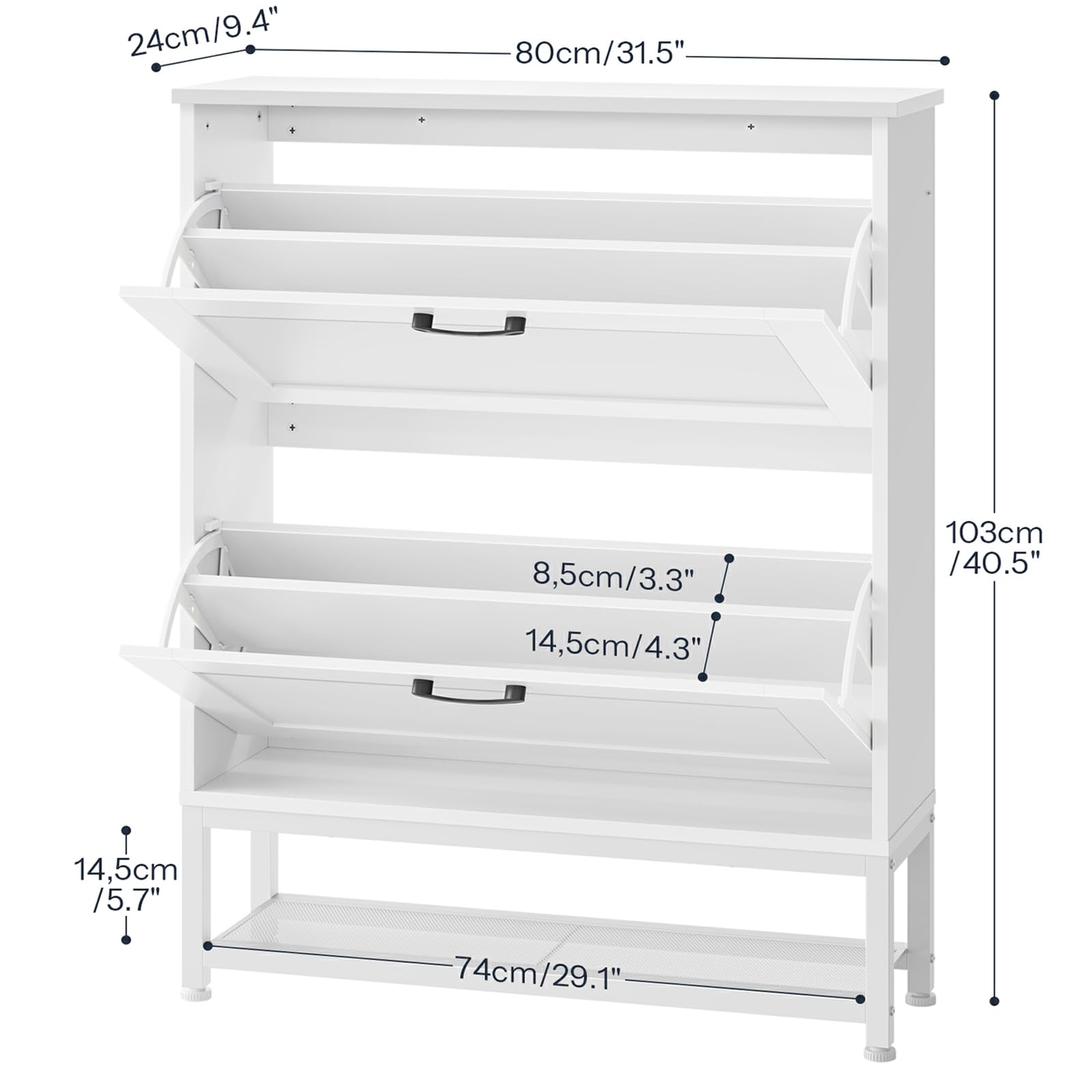 HOOBRO Zapatero Estrecho, Zapatero con Cajones Abatibles, Estilo Rústico | Dos Cajones Abatibles y Rejilla, 80 x 24 x 103 cm, Zapatero Estrecho para Recibidor, Vestíbulo, Sala o Vestidor, Blanco