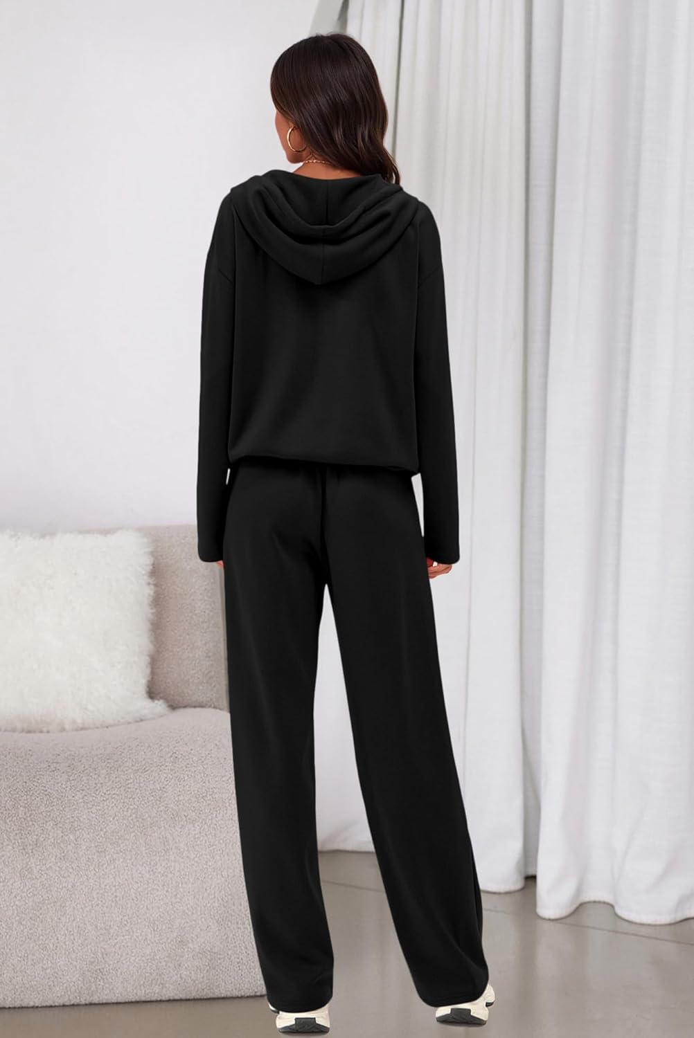 PRETTYGARDEN Womens 2 Piece Outfits Fall Sweatsuits Oversized V Neck Hoodie Wide Leg Sweatpants Travel Tracksuit Lounge Sets - Image 5