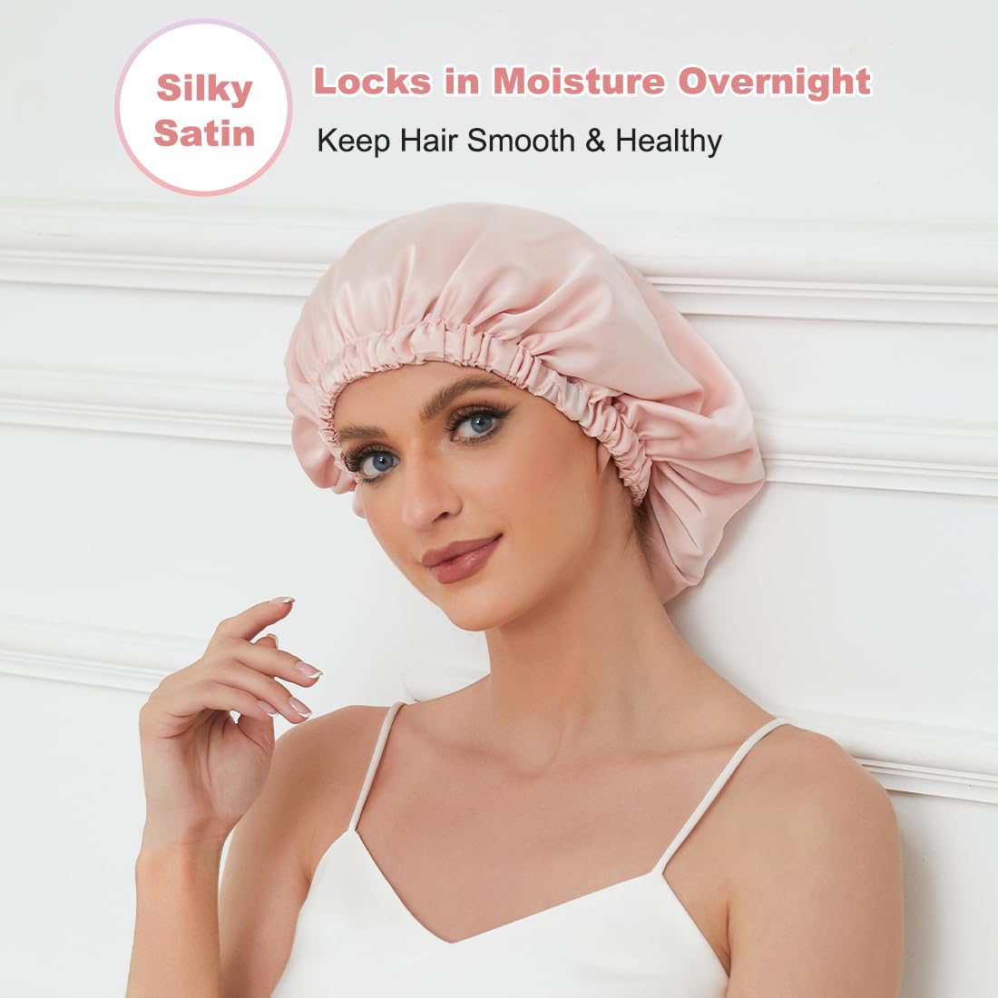 Silk Bonnet for Sleeping Women with Adjustable Strap, Satin Bonnet for Sleeping Double Layer, Soft Hair Bonnet for Curly Hair, Sleep Bonnets for Women (Pink)