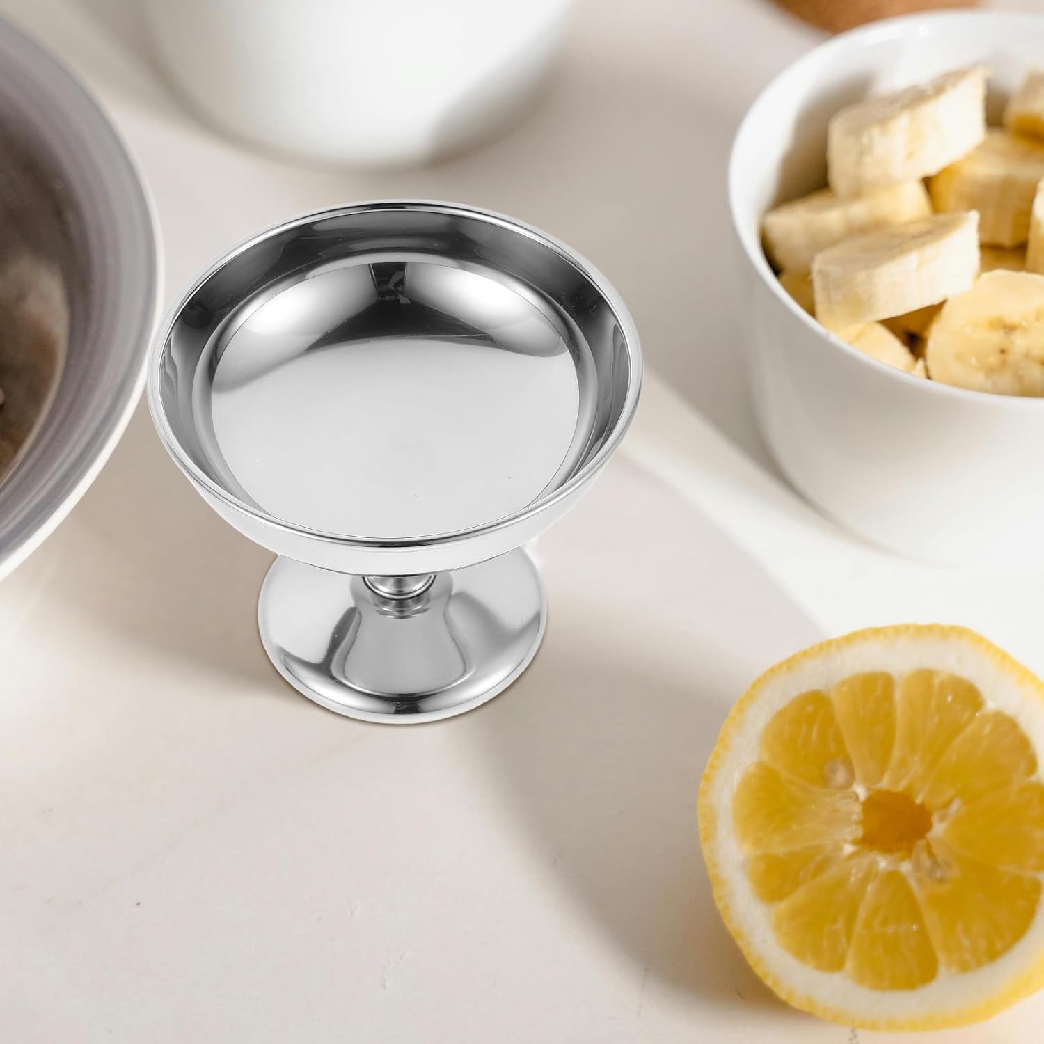 Angoily 2pcs Footed Dessert Cups: Stainless Steel Ice Cream Dishes Snack Serving Bowls - Round Yogurt Cups for Pudding, Fruit Salad Party Use