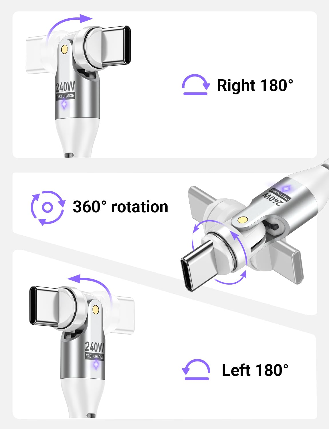 Bojianxin 240W Magnetic Charging Cable ,180°Rotating USBC To USB C Magnetic Data Cable ,Micro USB Phone Fast Charger Cable Data Transfer For Laptop/Tablet/Smart Phone (3ft - View #4