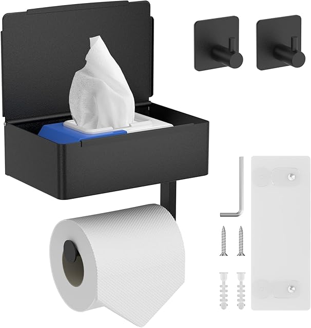 Toilet Roll Holder with Storage Box-self Adhesive Toilet Roll HolderStainless Steel Toilet Roll Holder Black Toilet Paper Holder with Shelf 2 Types of Installation (with 2 Towel Hoks)