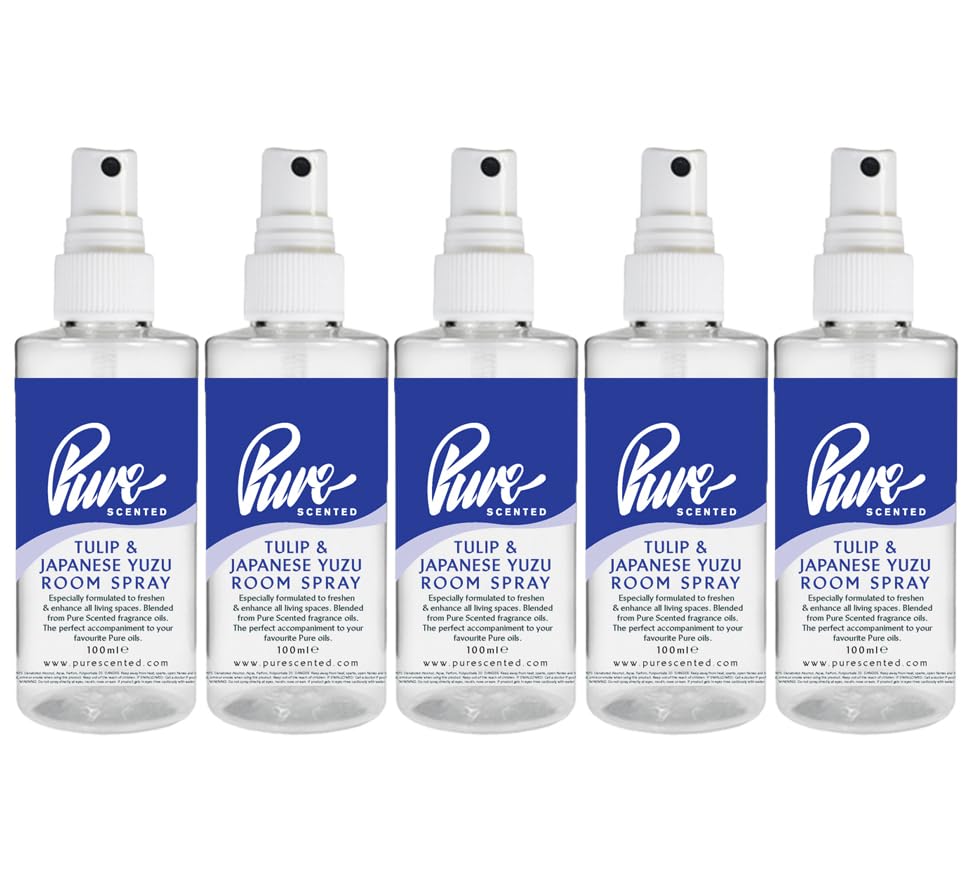 Pure Scented 500ml Room & Fabric Sprays 5 x 100ml Suitable For Home, Car, Caravan, Work, Gym Bags, Odour Eliminators (5 x 100ml, Tulip & Japanese Yuzu)
