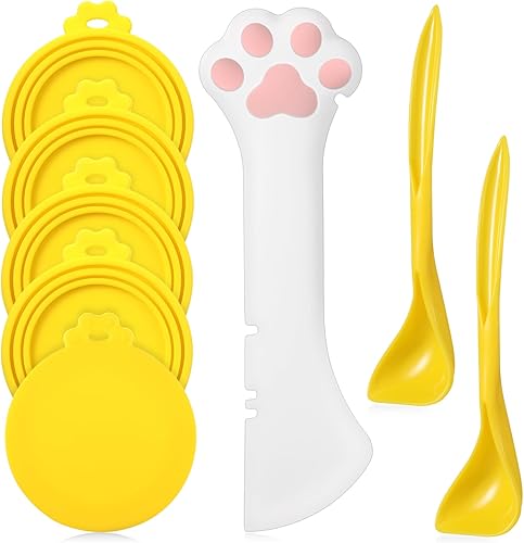 Miniatura 7 de Uiifan Tapa de comida para gatos, tapas para latas de comida para gatos, 8 piezas, juego de 5 tapas de silicona para gatos húmedos, 2 cucharas