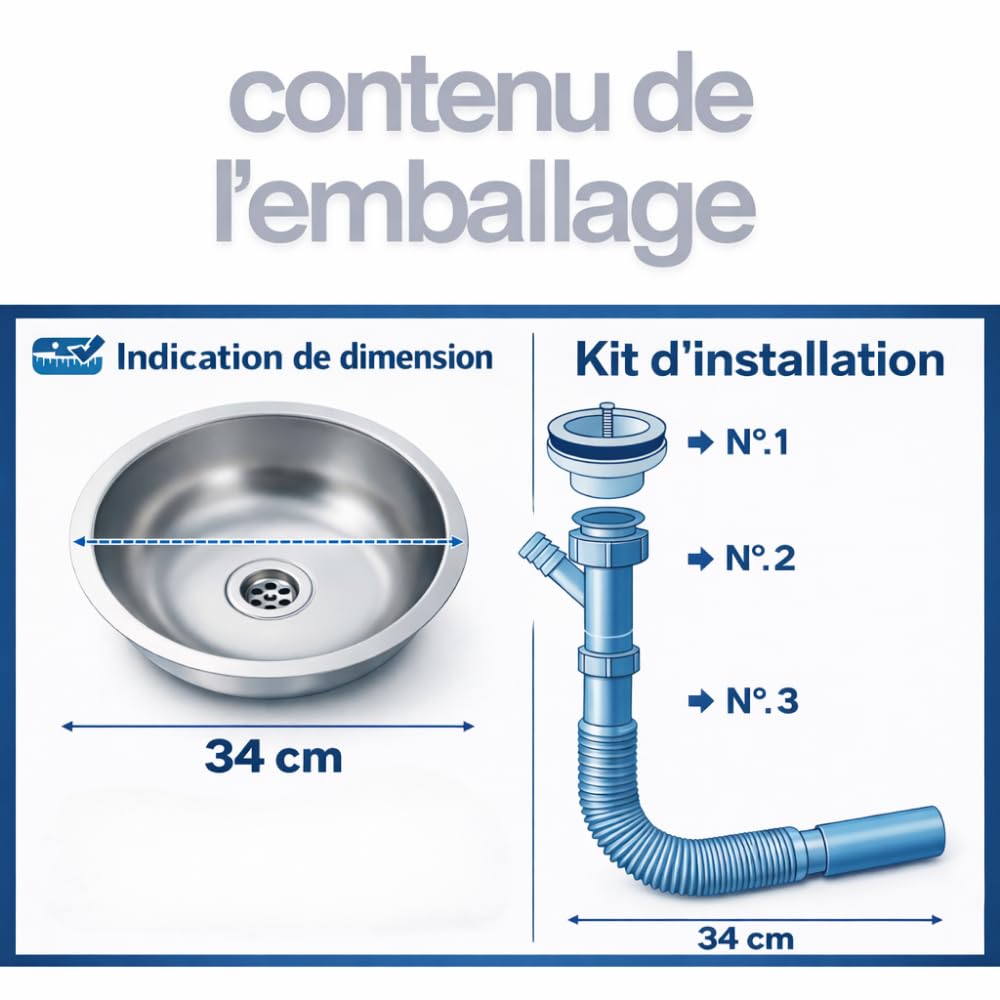 Évier Rond Inox Ø34 cm Cuisine Camping Caravane Sans Trou Robinet