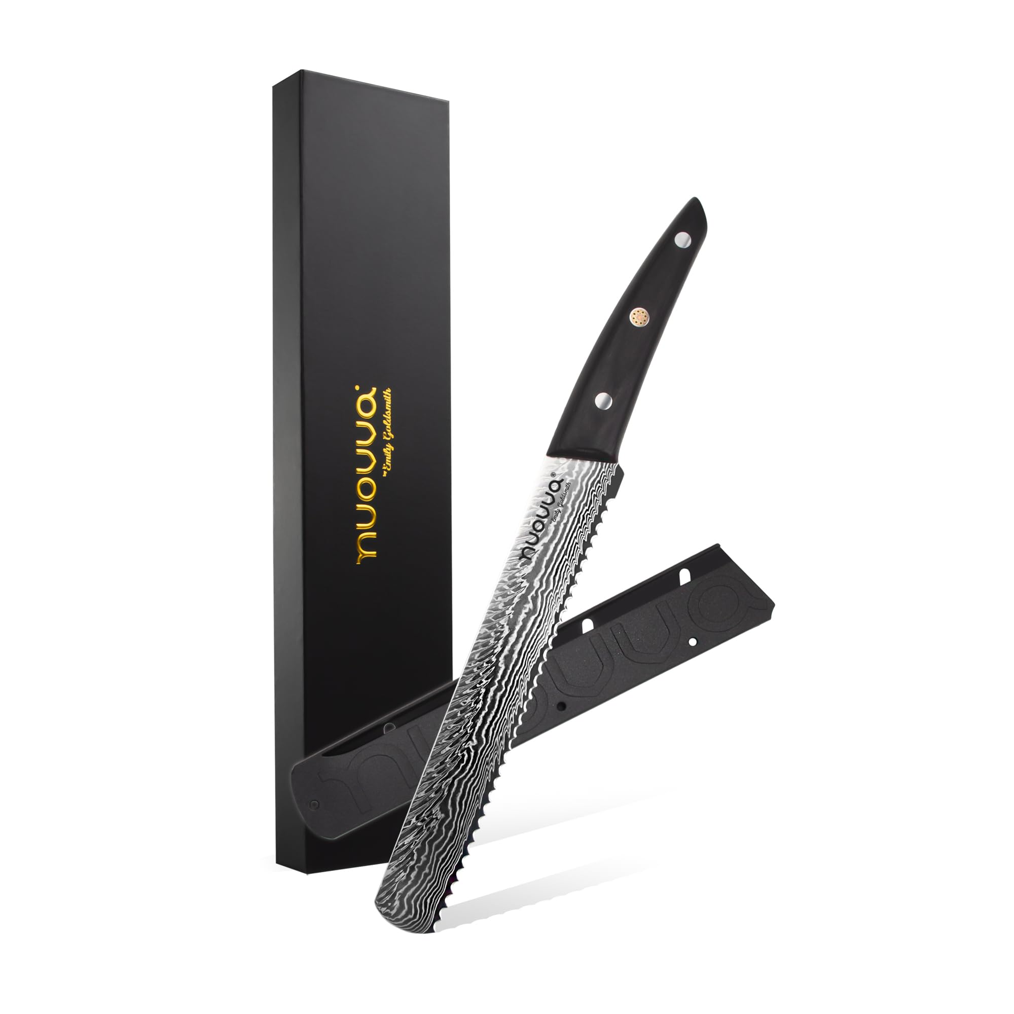 nuovva 8 Inch Bread Knife β Serrated Japanese Steel Bread Knives β 67 Layer Damascus Steel with Hand-Polished Rosewood Handle β Sheath & Gift Box Included