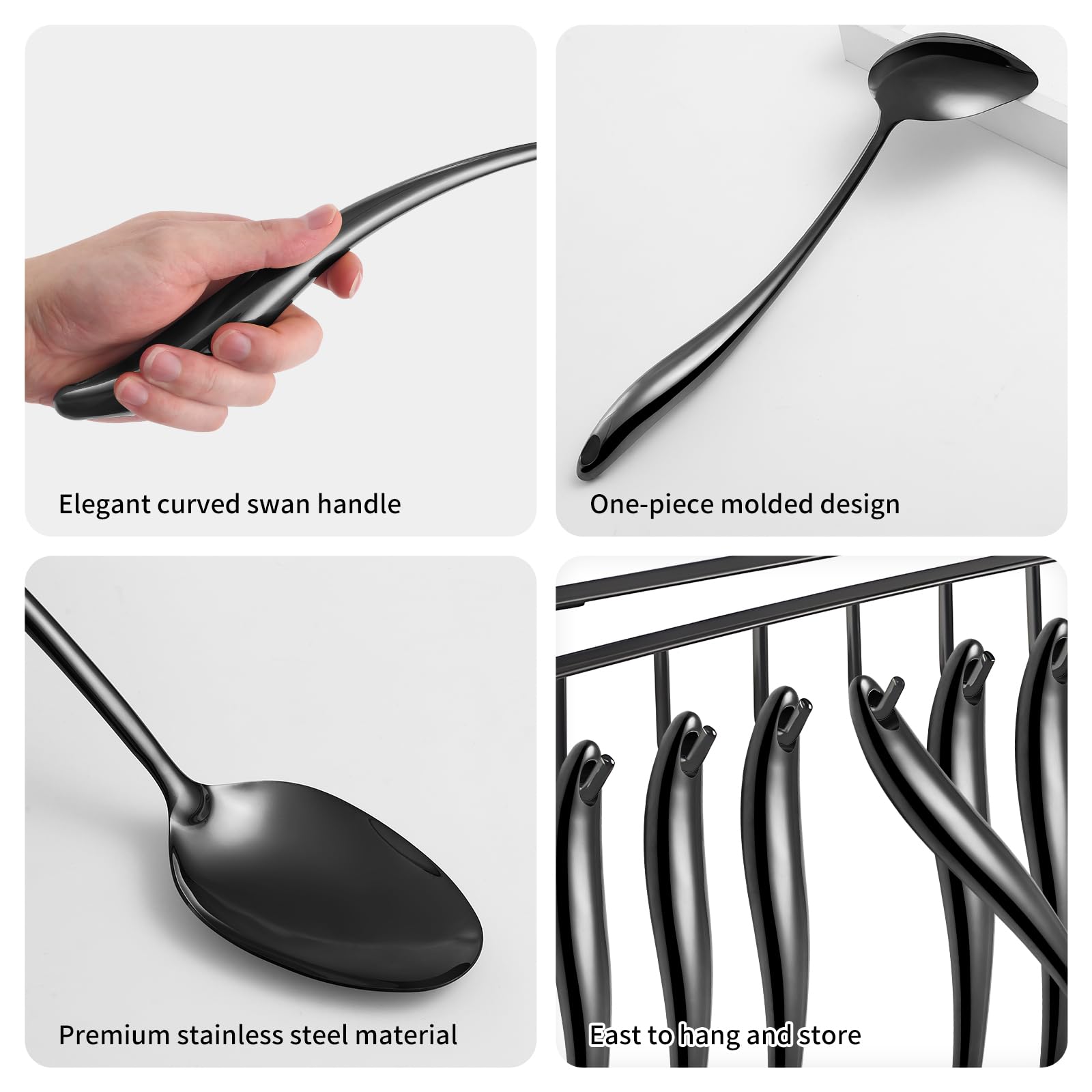 Juego de utensilios de cocina de acero mate 304 Stainlss, 11 piezas de utensilios de cocina de metal largo con espátula, cucharón, cuchara, skimmer, tunner, servidor de pasta, pinzas (negro, apto para
