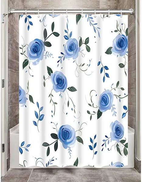 Gdmoon Watercolor Floral Shower Curtain Blue Rose Flower Shower Curtain for Bathroom, Modern Minimalist White Water Proof Fabric Shower Curtain Modern Cloth Shower Curtain Set with Hooks 60x72in