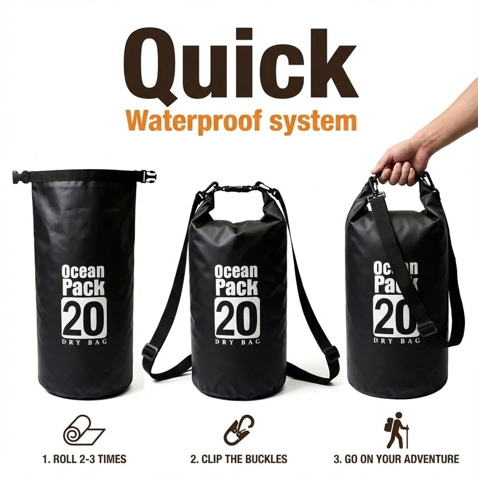 Bolsa seca flotante impermeable de 5L/10L/15L/20L para mujer, mochila ligera y duradera para kayak, natación, camping, senderismo, suave y resistente a la abrasión con cierre enrollable (negro