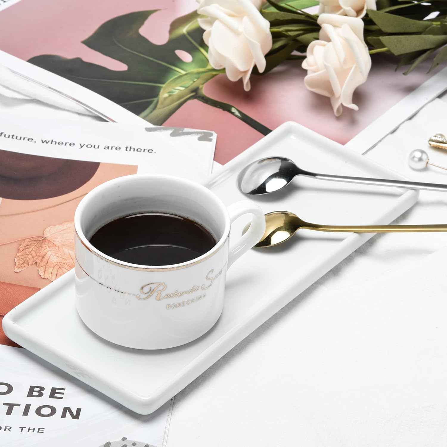 XINRUI Vanity Tray, 2 Pack Bathroom Sink Storage Tray,Ceramic Bathtub Tray Organizer Cosmetics Holder for Tissues, Candles, Towel, Soap, Towel, Plant,Jewelry