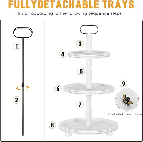 Miniatura 6 de Urban Deco Bandeja de madera escalonada de 3 niveles bandeja decorativa de granja soporte redondo de madera para magdalenas con mango de metal