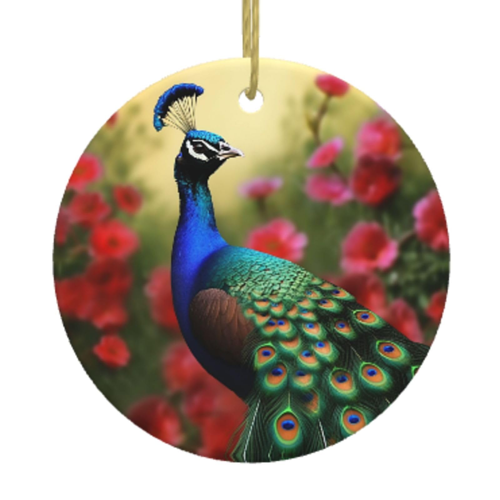 Ceramic Christmas Tree Hanging Ornaments with Gold Ropes Christmas Tree Decorations Round Ceramic Peacock Flowers Pendant Keepsake Decorations for Holiday Xmas Gift Ideas