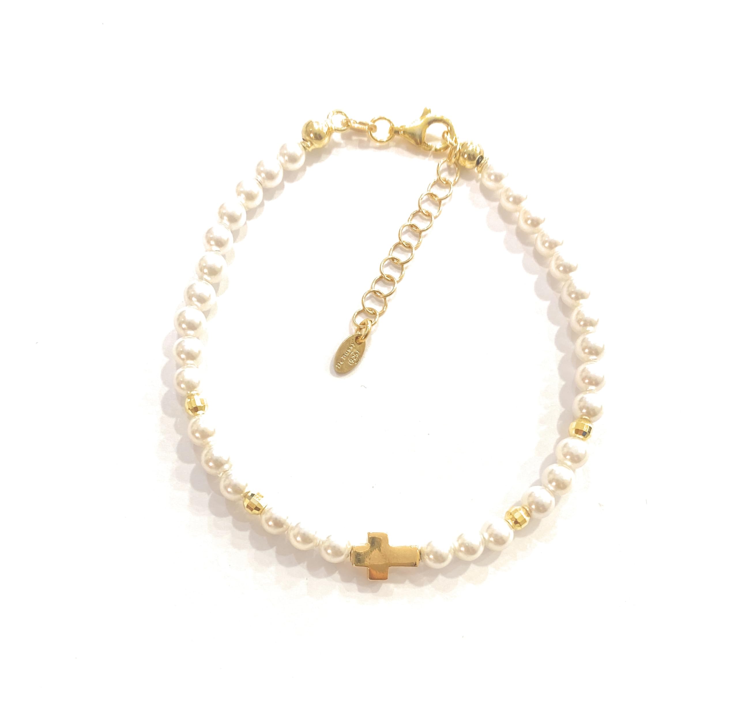 Bracciale con perle e croce in argento sterling 925 mm, Argento