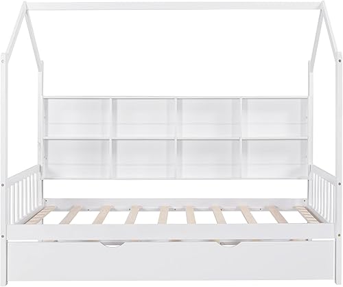 Miniatura 5 de SIYSNKSI Cama de casa de tamaño individual con nido marco de cama de madera en forma de casa con estante de almacenamiento cama de casa de juegos