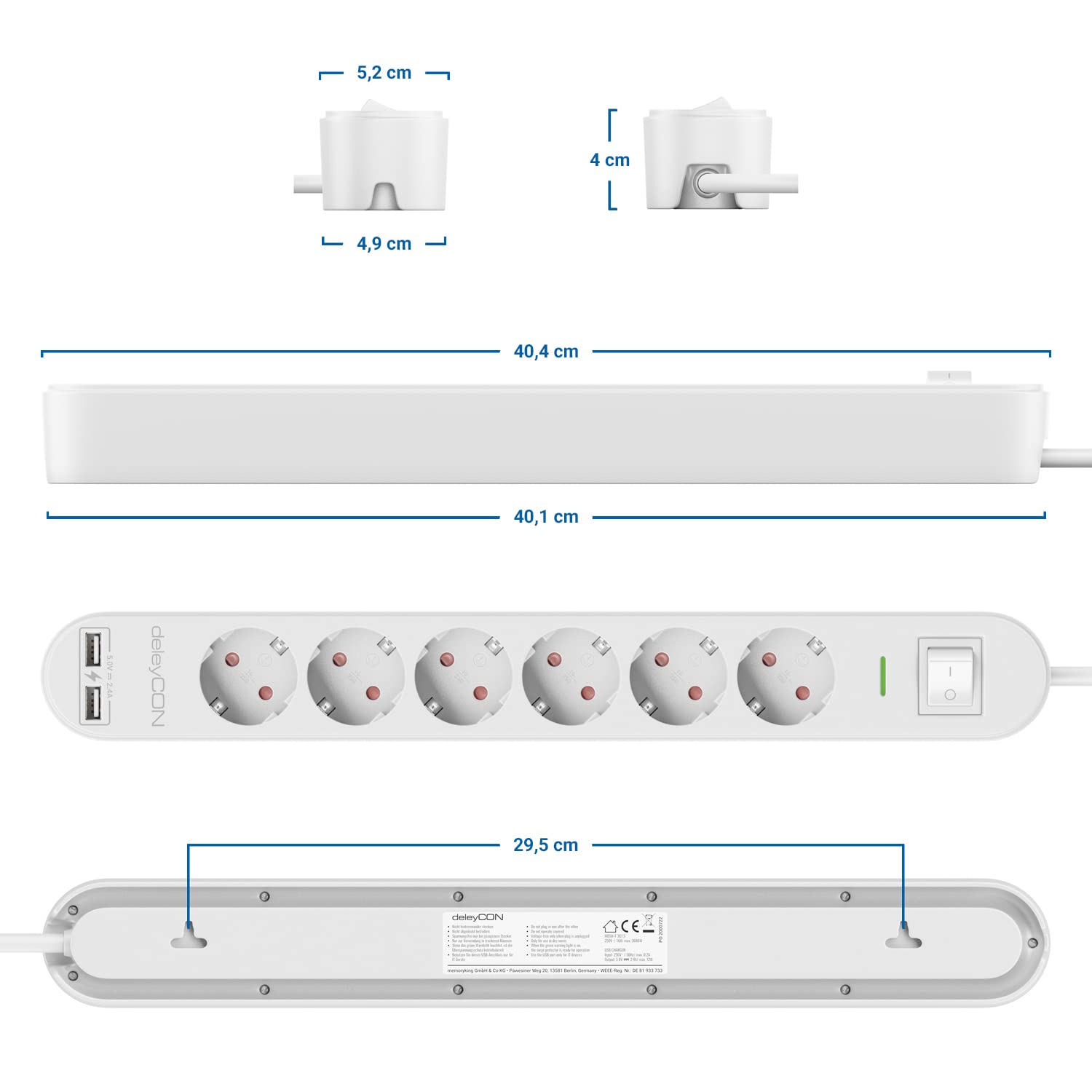 deleyCON Regleta con 1,5 m, Seis Tomas, Puertos USB, Dos Salidas USB-A para Cargar Móvil y Tableta, Protección contra Sobretensión, Interruptor, Blanco — view 6