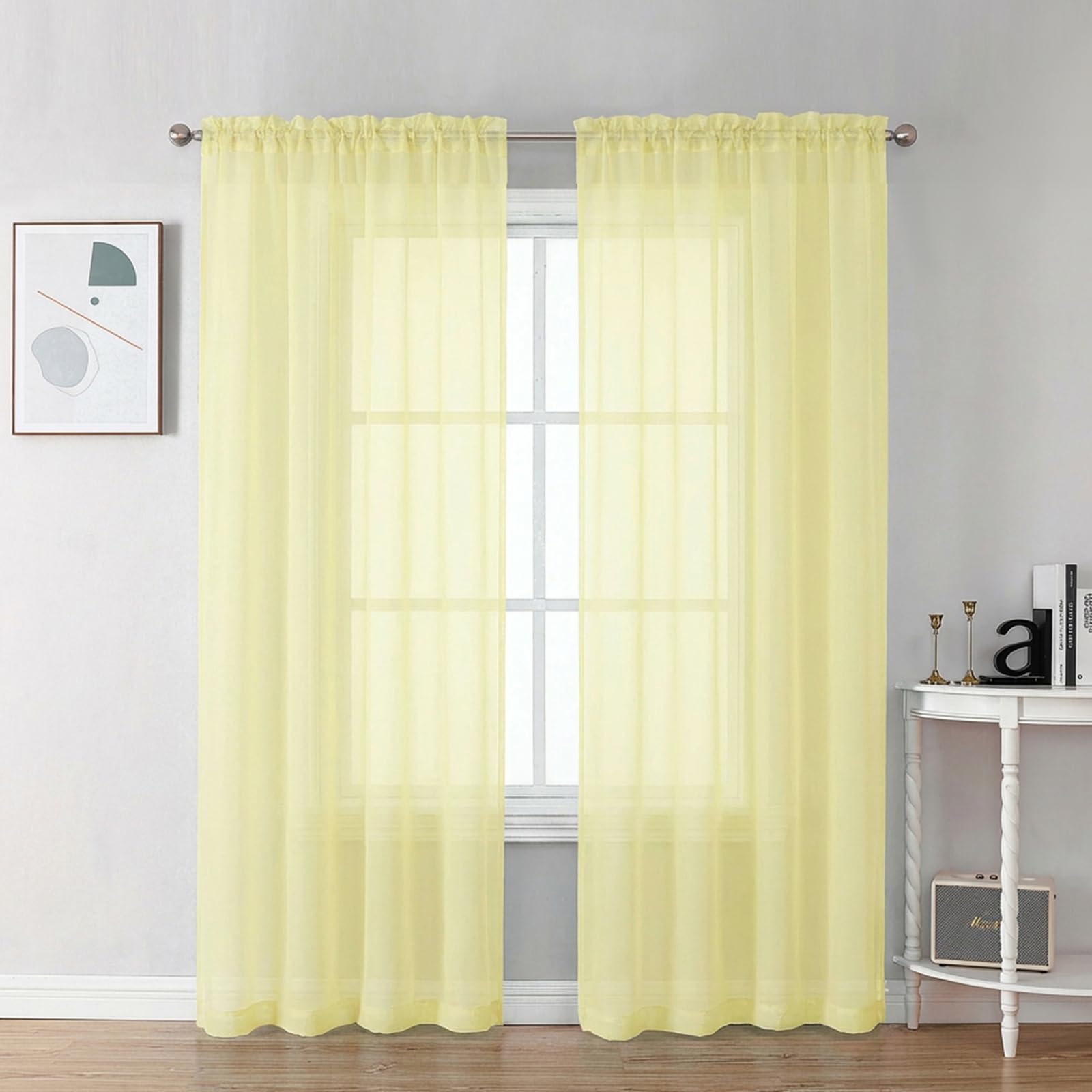 Chyhomenyc Sheer Curtains 72 Inch Length 2 Panels - Light Filtering Soft Airy Rod Pocket Voile Window Curtain Drapes for French Door Bedroom Living Room, 42Wx72L Inch, Light Yellow