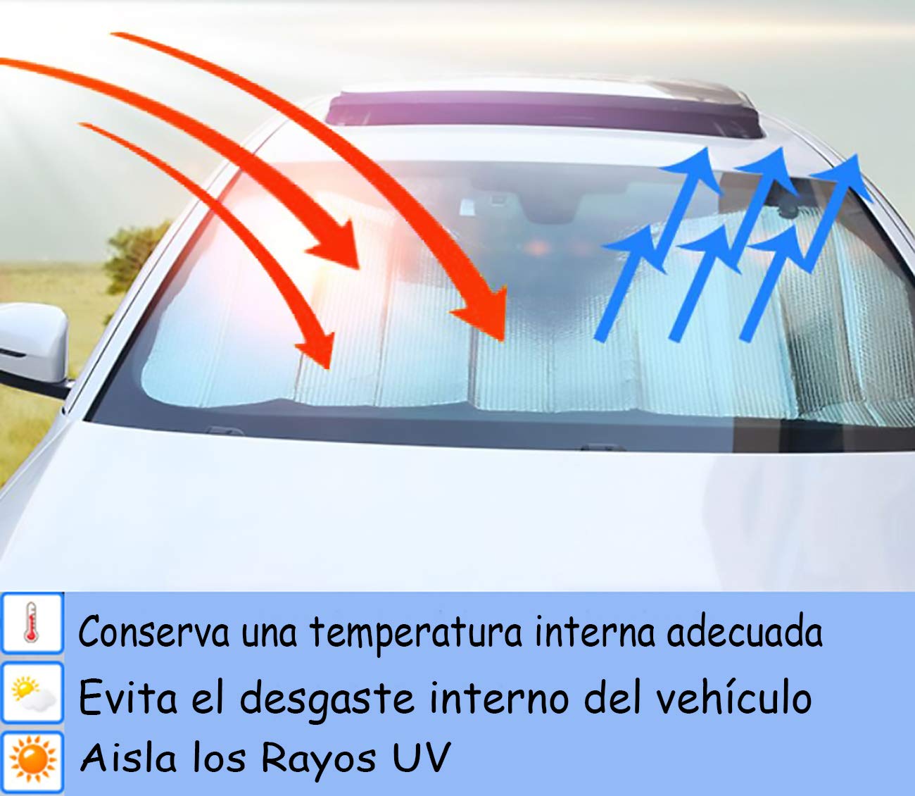 Parasol Coche Delantero，Parasol Luna de Coche Metalizado Cortina Reflectante para Vehículo Protección Rayos UV Parabrisas, Protector Solar Camionetas, Todoterrenos, Furgonetas (130x70cm)
