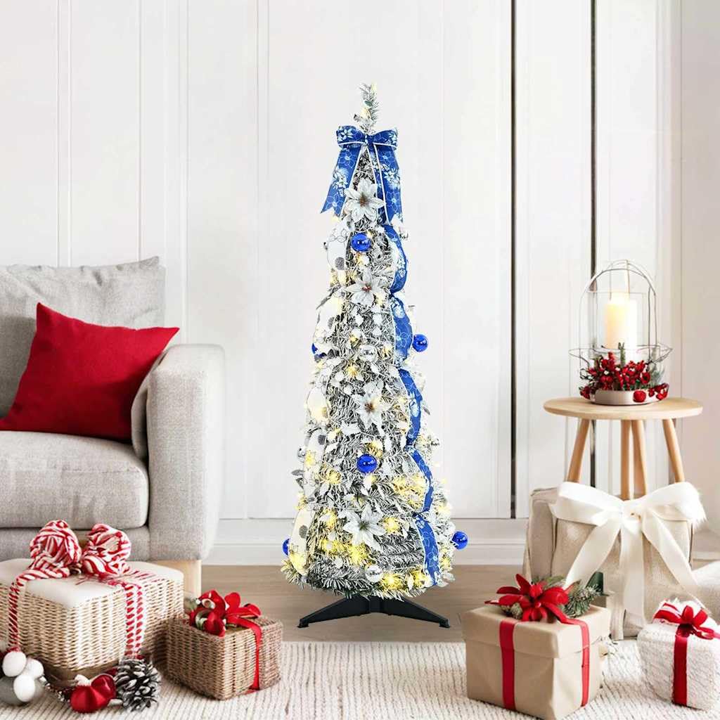 Künstlicher Weihnachtsbaum Weiß 120 cm mit 50 LEDs, PVC Nadeln, zusammenklappbar, inkl. Ständer und Lichterkette, ideal für Wohnzimmer, Balkon, Terrasse, Festliche Advent Dekoration