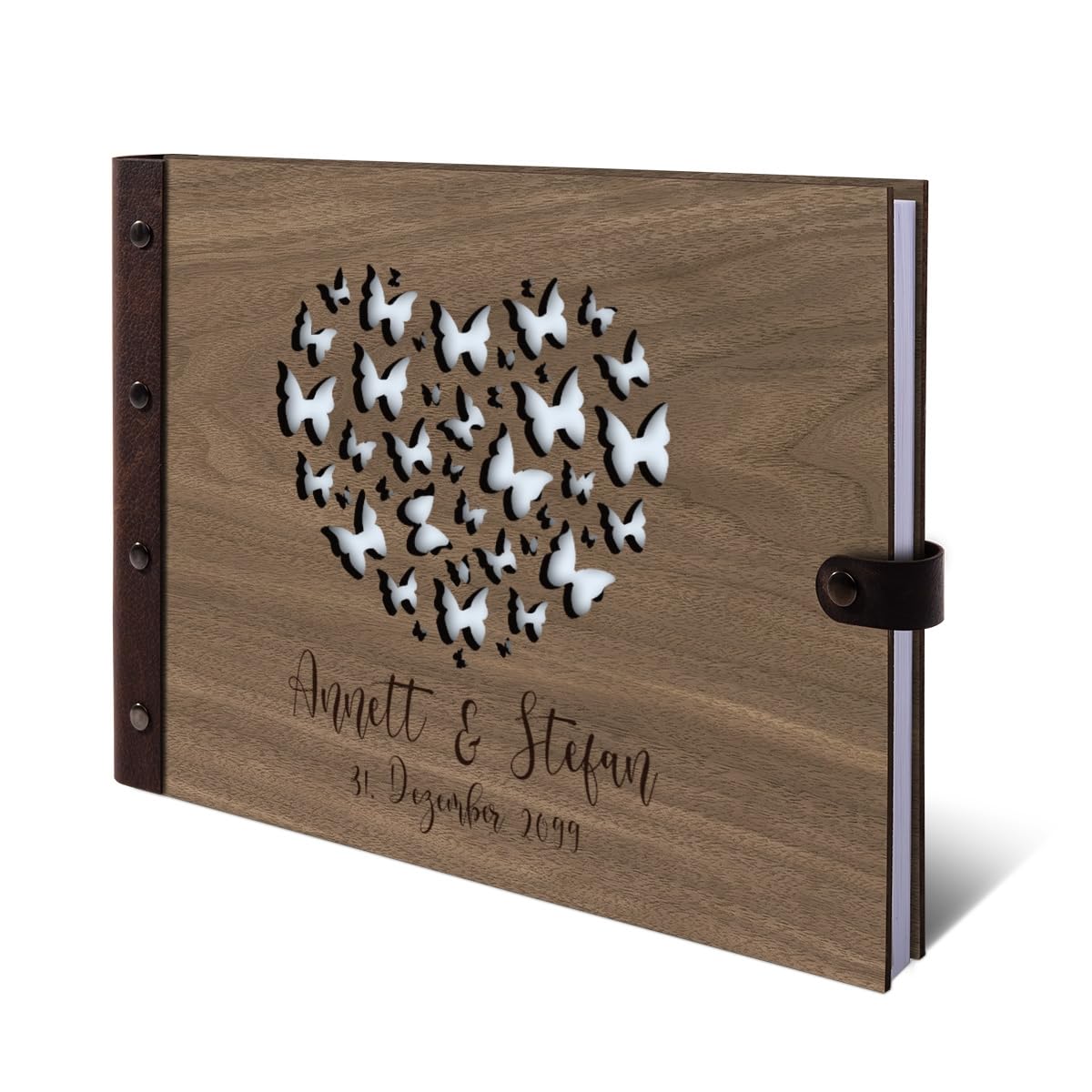 Personalisiertes Hochzeit Gästebuch echtes Holz DIN A4 Hochzeitsbuch mit Lasergravur - Schmetterling - mit 72 Blatt / 144 Seiten Naturpapier Weiß