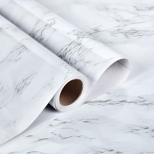 Sunm Boutique Marble Wallpaper, Vinyl Furniture Stickers, White Grey Self Adhesive Wallpaper, Film Contact Paper, Peel and Stick, Decorative Wallpaper for Bedroom, Living Room, Kitchen