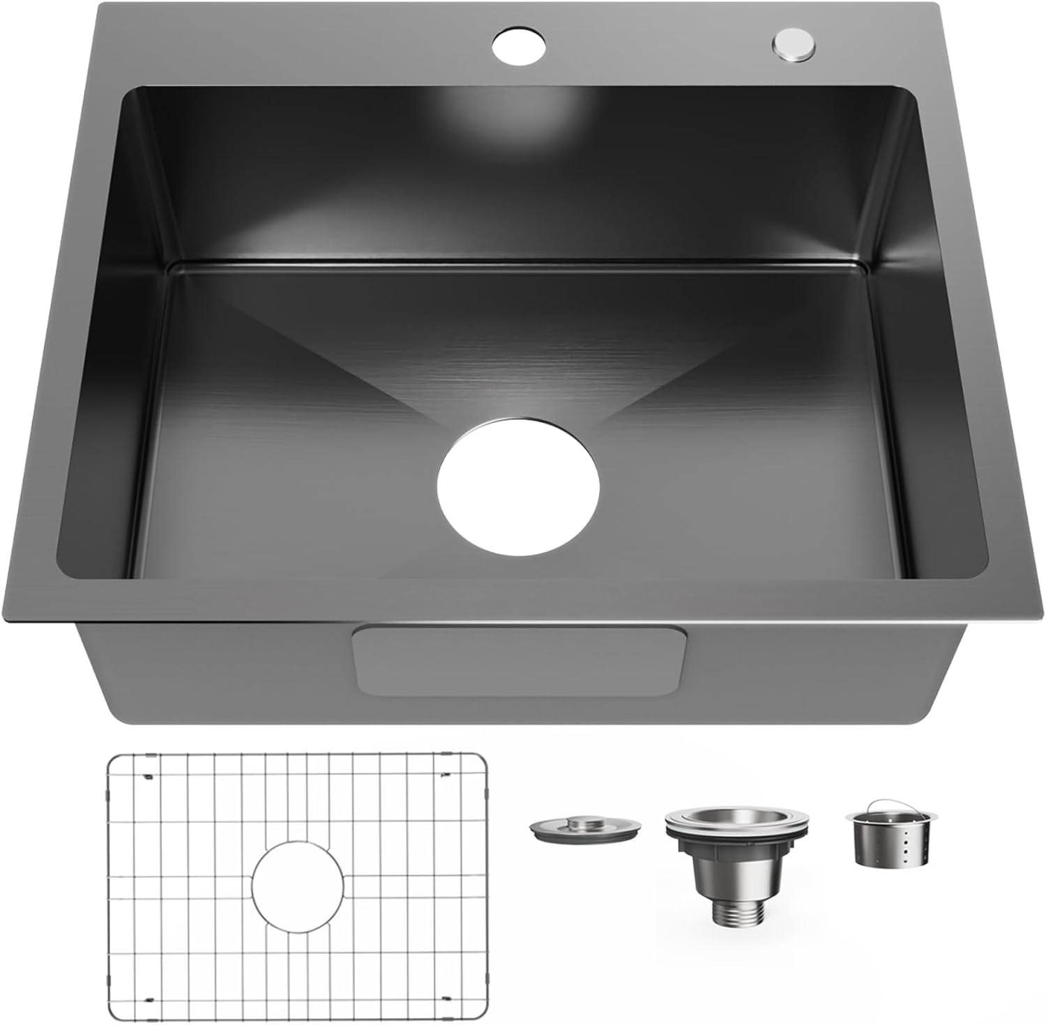 22" x 18" Drop in Kitchen Sink 304 Stainless Steel Single Bowl Topmount Bar Sink with Drain Kit and Bottom Grid, Black Black 22 x 18 w/Bottom Grid