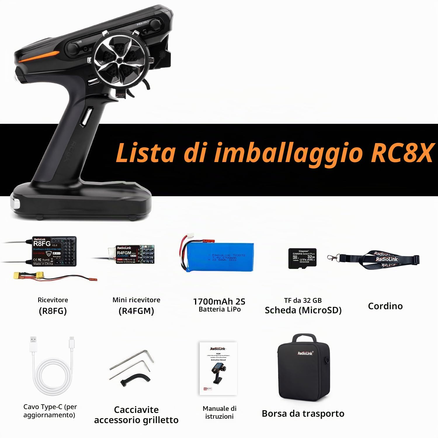 Radiolink RC8X Smart RC telecomando 8 canali con ricevitore giroscopio impermeabile R8FG 4,3" schermo 200 memoria modello RC trasmettitore per crawler escavatore carro armato barca